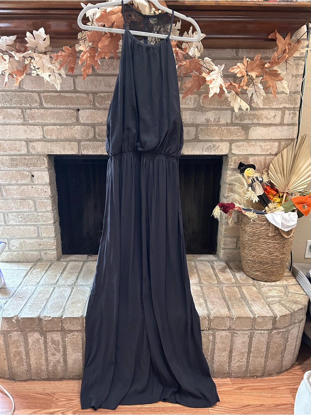 H&M Black Maxi Halter Dress with Lace Yoke EUC